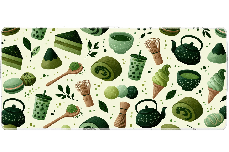 Matcha Tea Pattern Desk Mat | Green Cafe Mouse Pad artwork on an extended desk mat with green matcha tea drink and dessert pattern