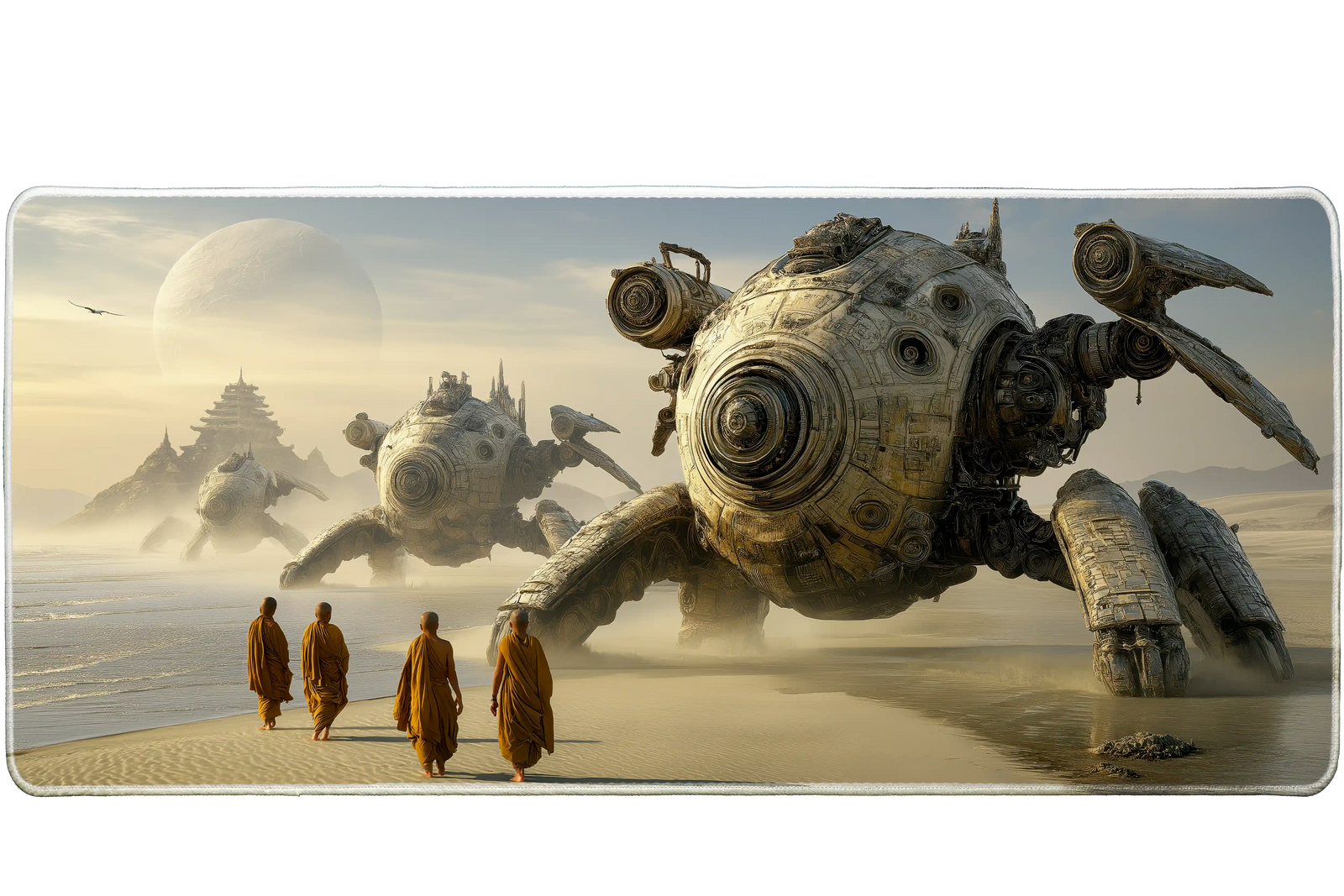 Fantasy 90x40cm custom desk mat featuring monks walking beside giant mechanical crabs in a desert landscape, non-slip rubber – Print My Pad