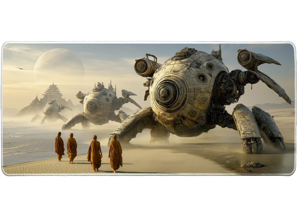 Fantasy 90x40cm custom desk mat featuring monks walking beside giant mechanical crabs in a desert landscape, non-slip rubber – Print My Pad