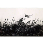 Wide view of the Medieval Battle Sketch desk mat featuring armored warriors, raised swords, banners and battle detail