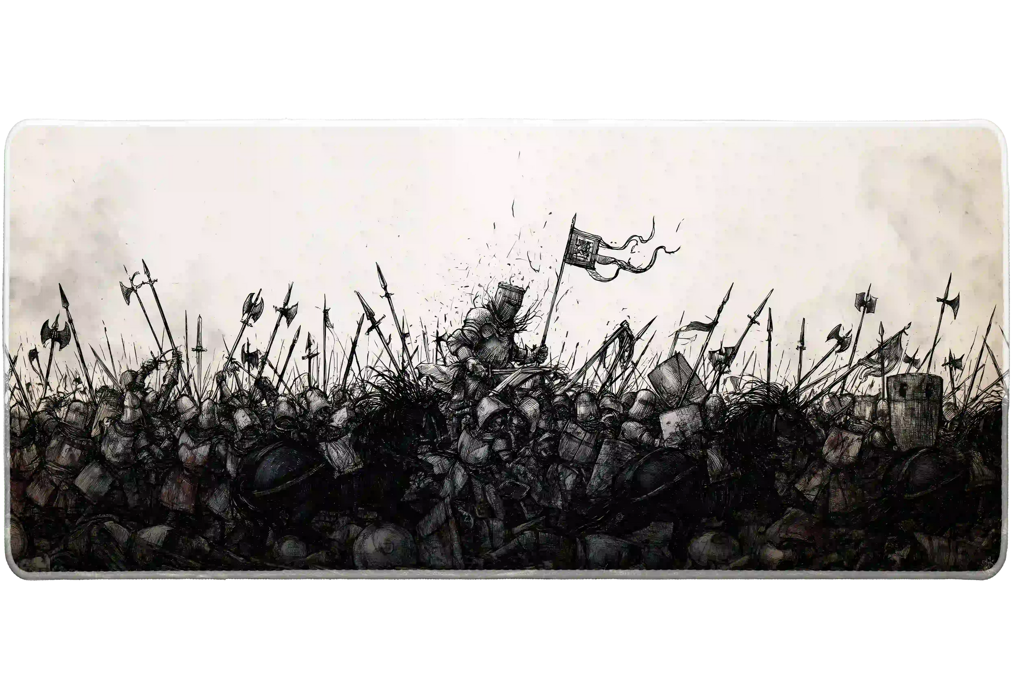 Wide view of the Medieval Battle Sketch desk mat featuring armored warriors, raised swords, banners and battle detail