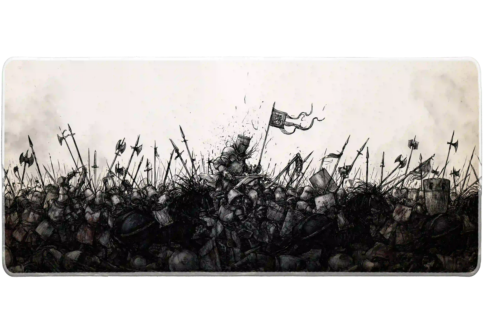Wide view of the Medieval Battle Sketch desk mat featuring armored warriors, raised swords, banners and battle detail