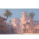 Landscape 36x16in desk mat with Mediterranean old town and palm trees – PrintMyPad