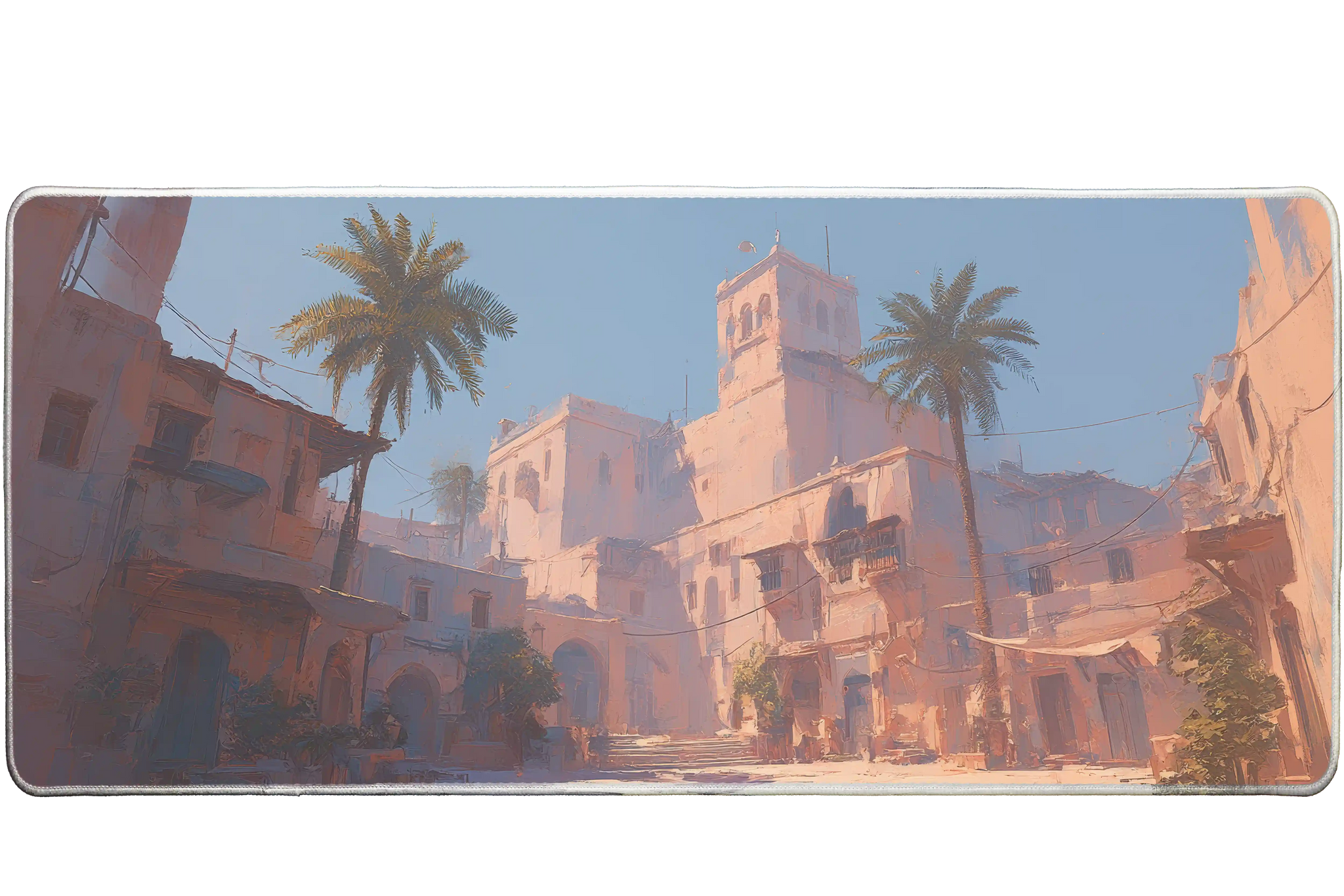 Landscape 36x16in desk mat with Mediterranean old town and palm trees – PrintMyPad