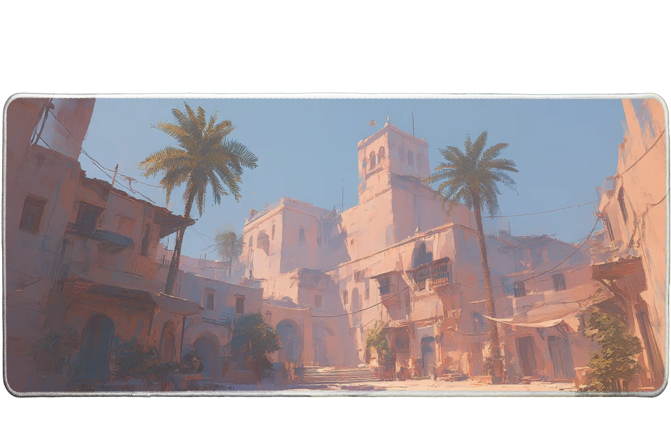 Landscape 36x16in desk mat with Mediterranean old town and palm trees – PrintMyPad