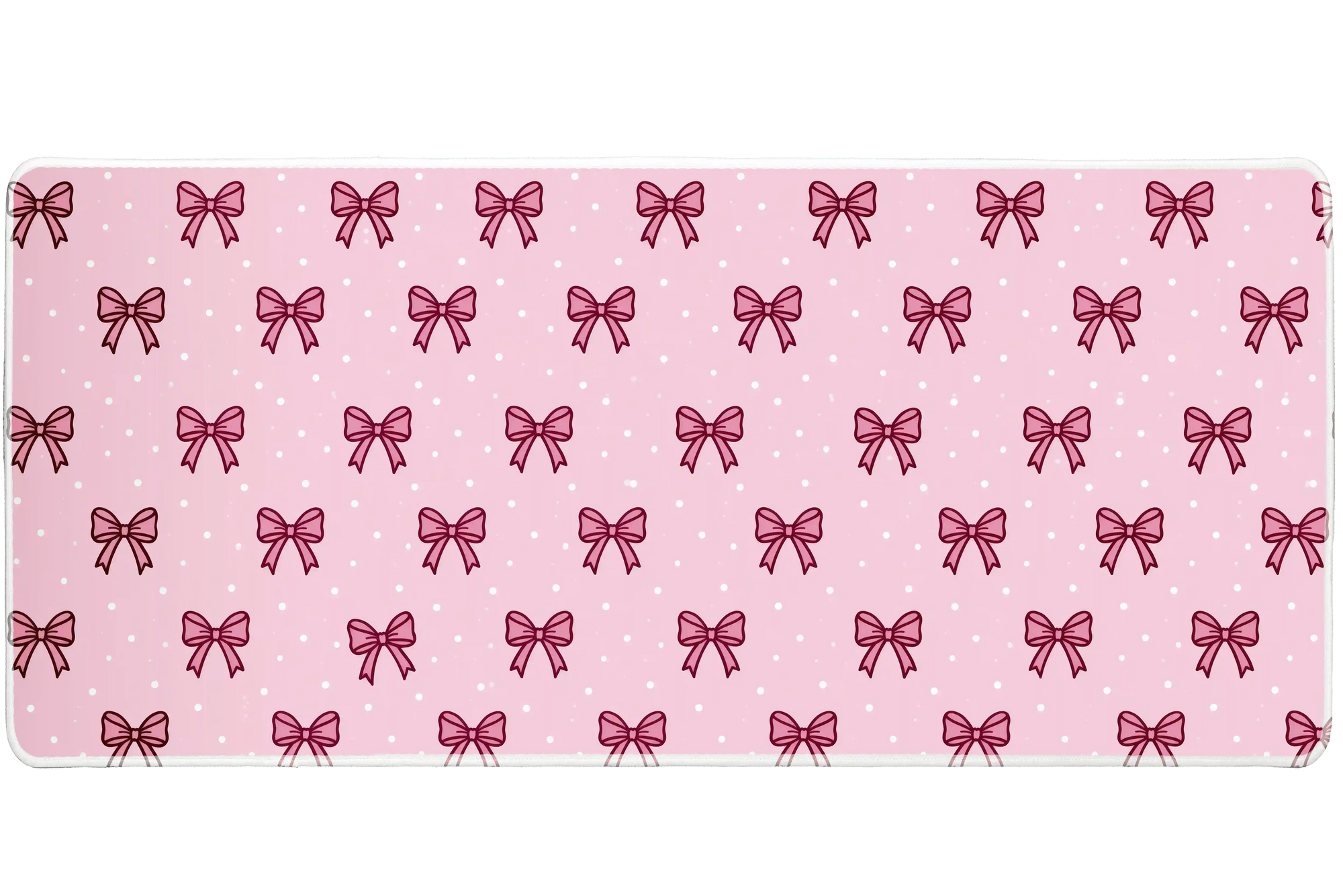 Pink Mini Bow Polka Dot Coquette desk mat with small ribbon outlines and tiny white polka dots