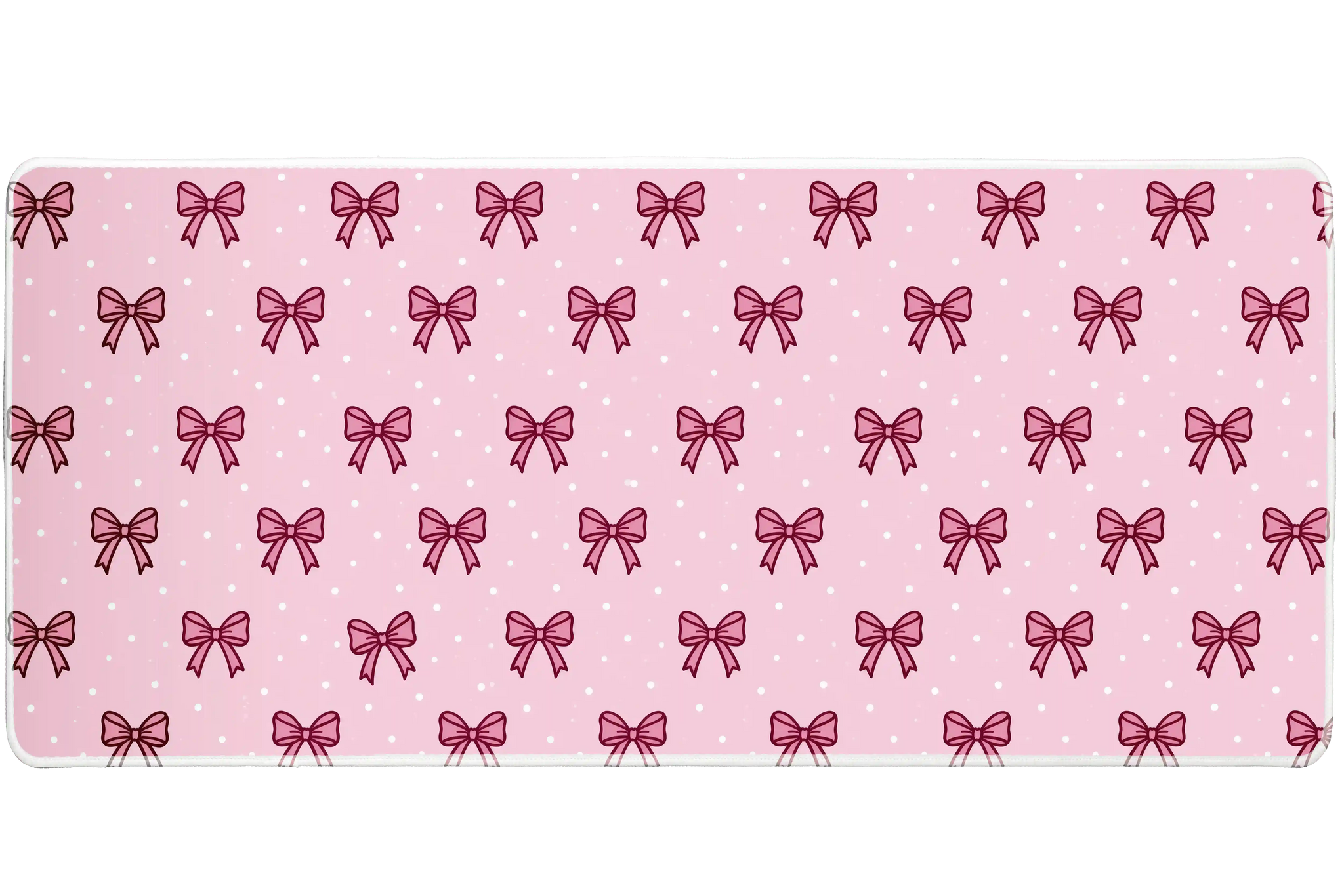 Pink Mini Bow Polka Dot Coquette desk mat with small ribbon outlines and tiny white polka dots