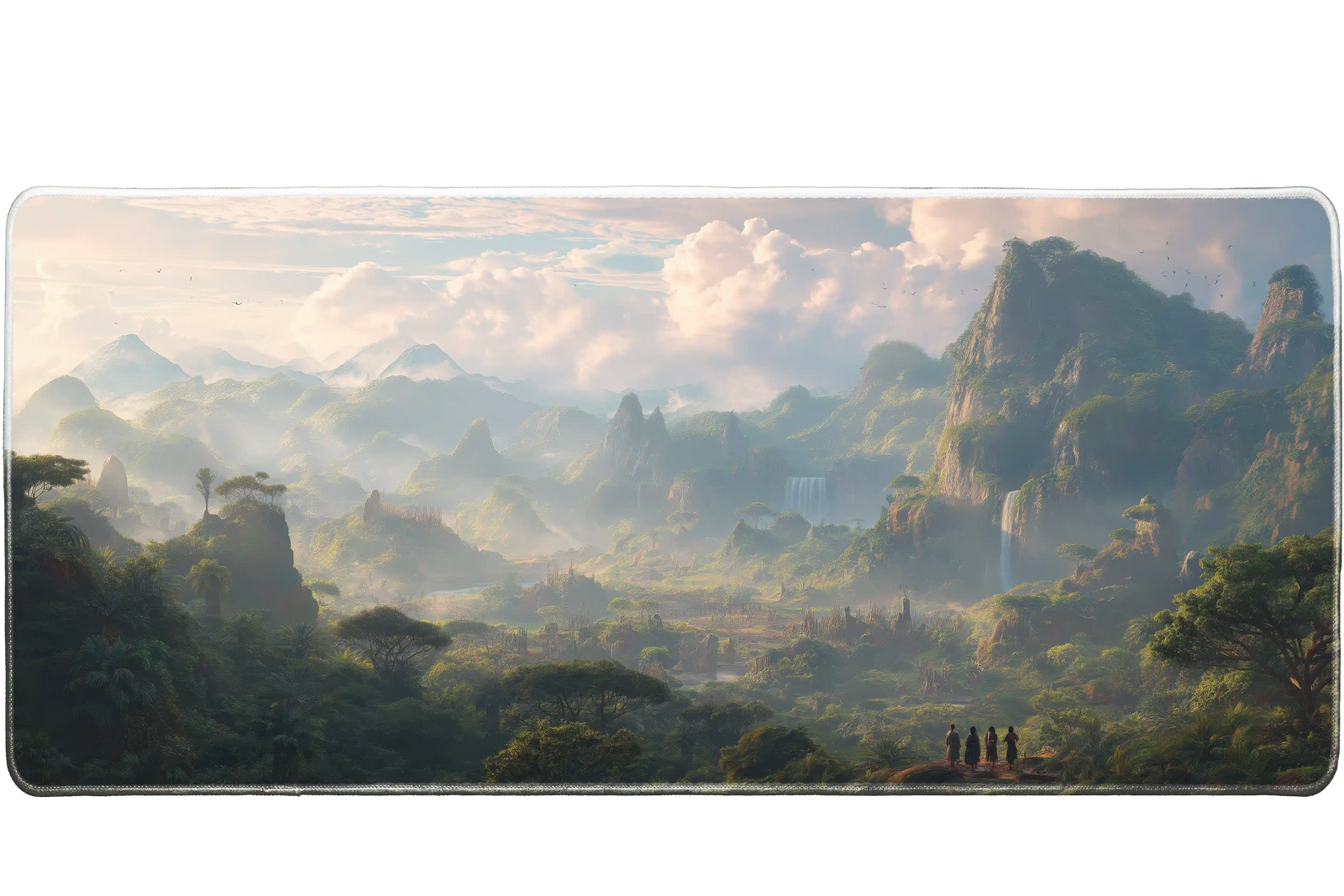 Fantasy 90x40cm custom desk mat with misty jungle mountains and explorers, non-slip base – Print My Pad