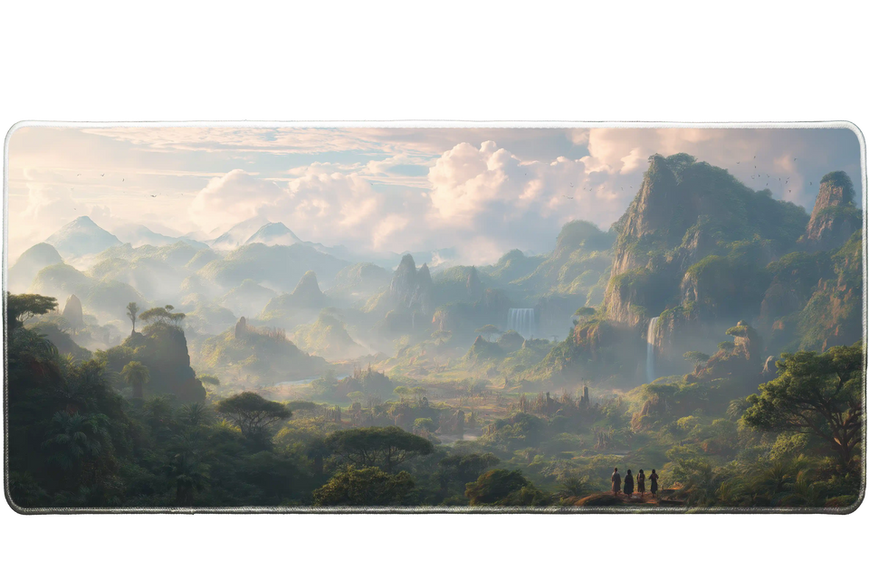 Fantasy 90x40cm custom desk mat with misty jungle mountains and explorers, non-slip base – Print My Pad