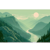 Misty Mountain River Desk Mat | Forest Mouse Pad artwork on an extended desk mat with misty mountain river landscape artwork