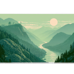 Misty Mountain River Desk Mat | Forest Mouse Pad artwork on an extended desk mat with misty mountain river landscape artwork