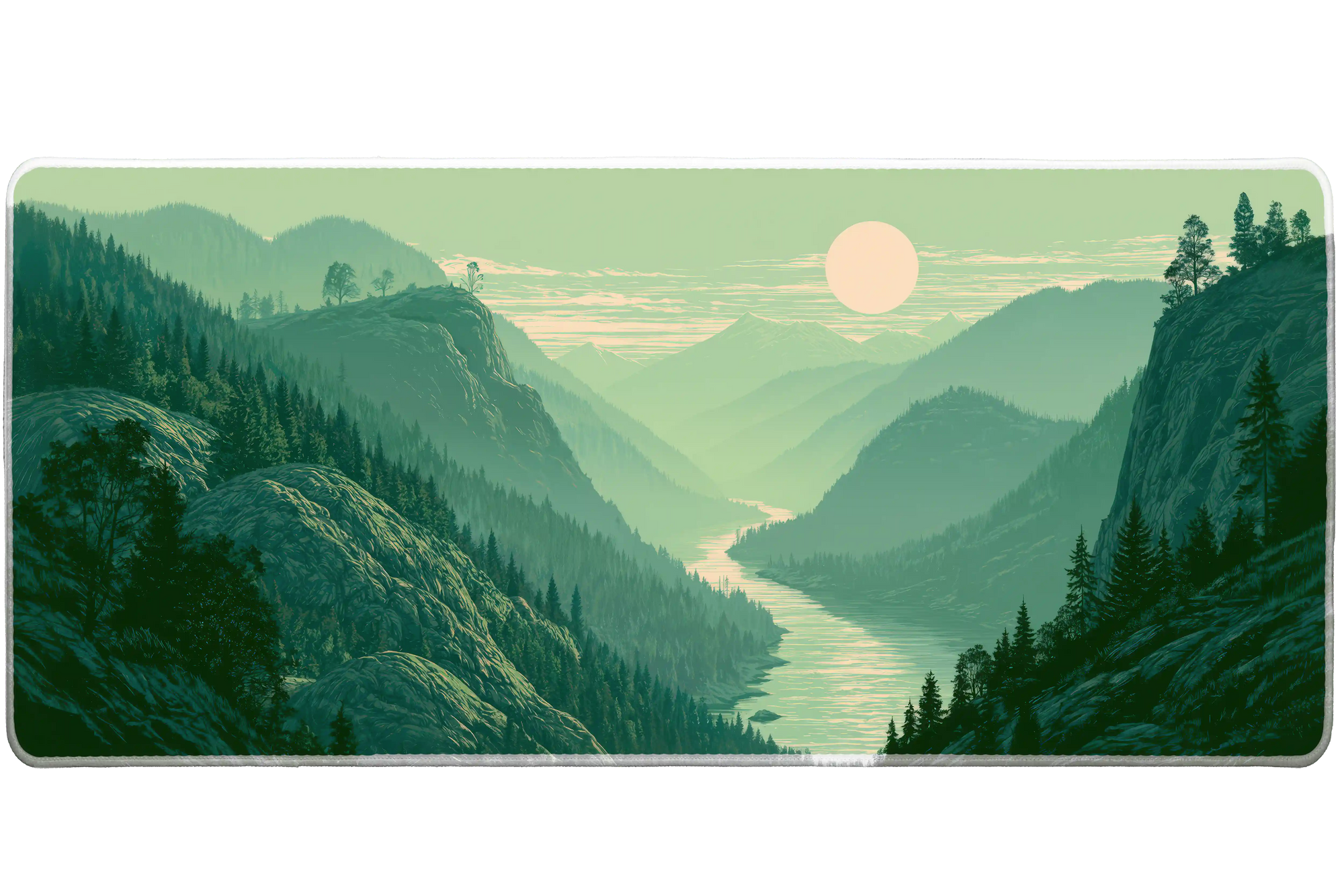 Misty Mountain River Desk Mat | Forest Mouse Pad artwork on an extended desk mat with misty mountain river landscape artwork