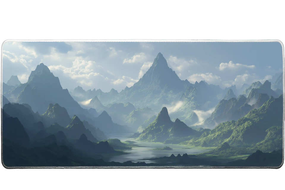 Epic Fantasy Mountain Landscape – Misty Valley desk mat and mouse pad by PrintMyPad