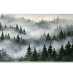 Misty pine forest desk mat with dark green evergreen trees fading into pale gray fog and cream light