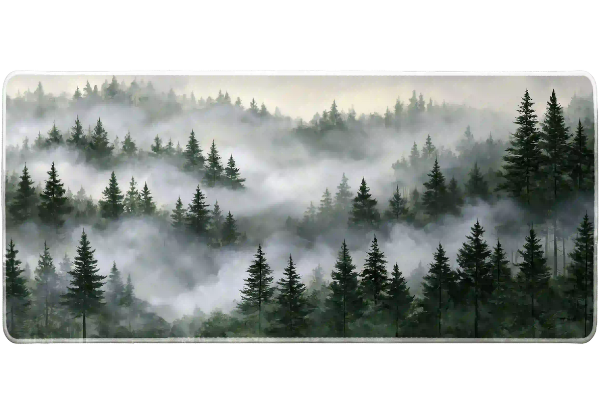 Misty pine forest desk mat with dark green evergreen trees fading into pale gray fog and cream light