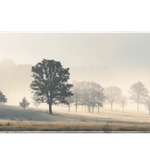 Landscape 90x40cm custom desk mat featuring misty trees in soft morning light, stitched edge – Print My Pad