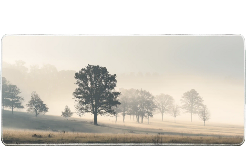 Landscape 90x40cm custom desk mat featuring misty trees in soft morning light, stitched edge – Print My Pad