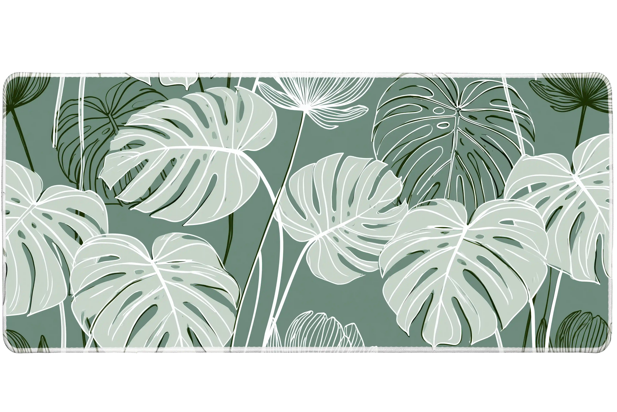 Sage Monstera Leaf Desk Mat | Botanical Mouse Pad artwork on an extended desk mat with sage monstera leaf pattern