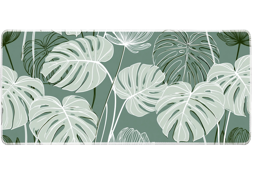 Sage Monstera Leaf Desk Mat | Botanical Mouse Pad artwork on an extended desk mat with sage monstera leaf pattern