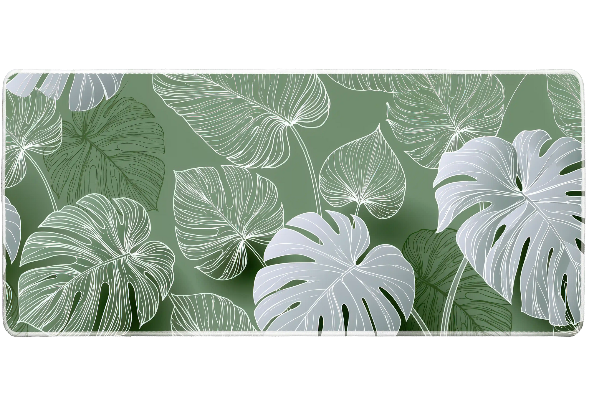 Monstera Leaf Desk Mat | Green Botanical Mouse Pad artwork on an extended desk mat with bold green monstera leaf artwork