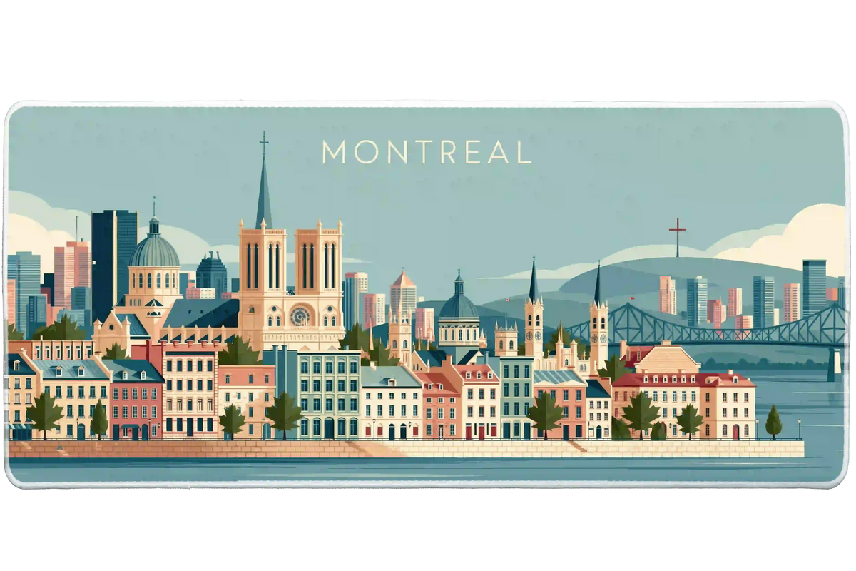 Montreal desk mat artwork showing Montreal church towers and pastel waterfront facades beside a bridge