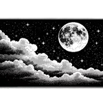 Black and white moonlit cloudscape desk mat with a full moon, halftone clouds and small bright stars