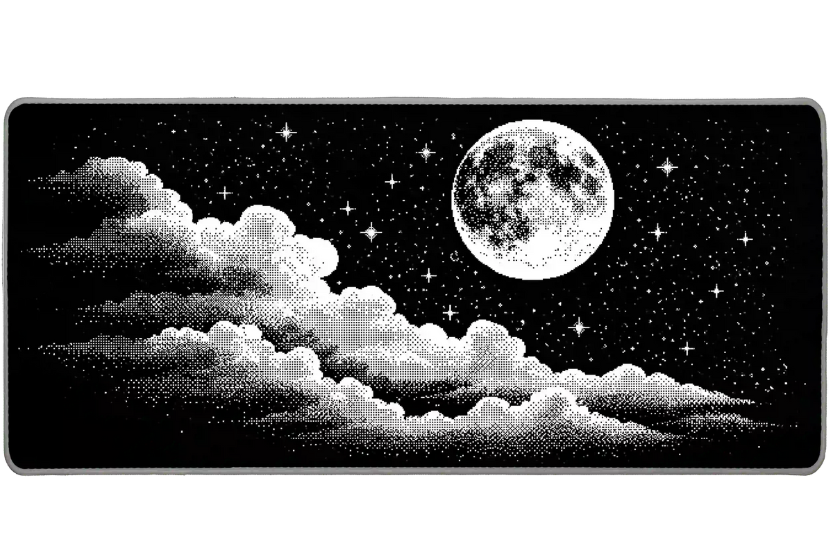 Black and white moonlit cloudscape desk mat with a full moon, halftone clouds and small bright stars
