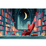 Moon Library Desk Mat | Red Chair Reading Nook artwork on an extended desk mat with moon library design