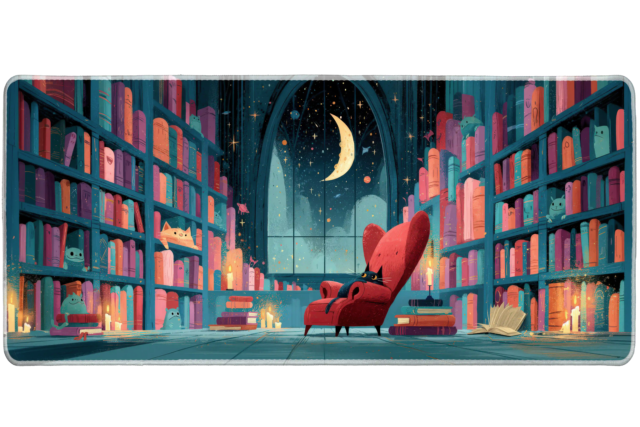 Moon Library Desk Mat | Red Chair Reading Nook artwork on an extended desk mat with moon library design