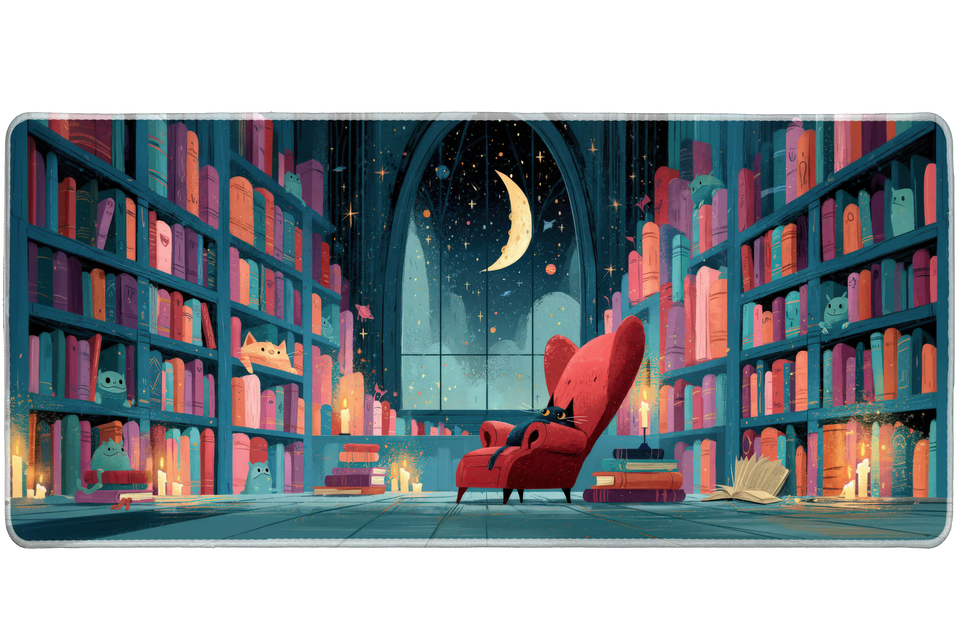 Moon Library Desk Mat | Red Chair Reading Nook artwork on an extended desk mat with moon library design