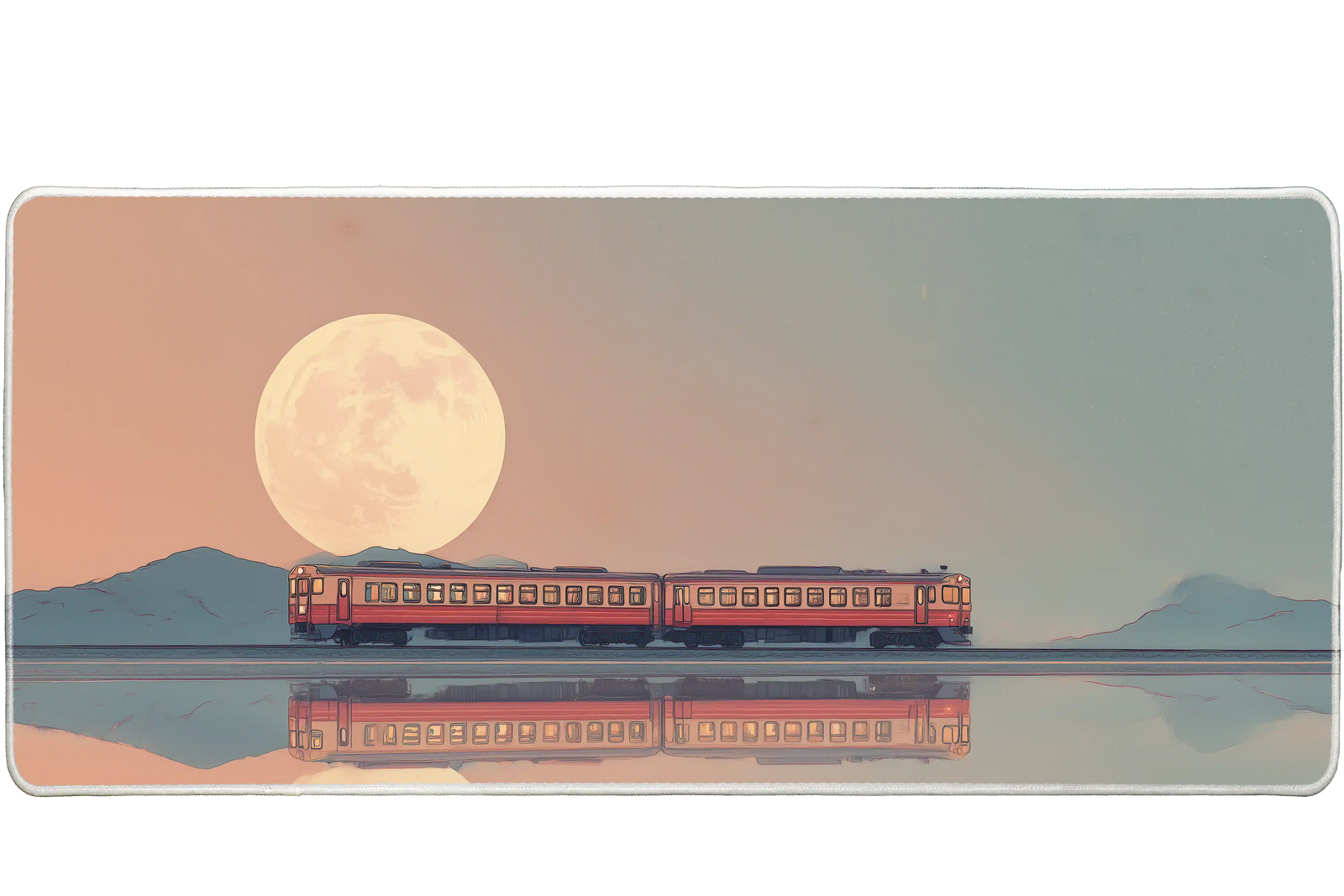 Landscape 90x40cm custom desk mat featuring red train under full moon reflection, non-slip rubber – Print My Pad