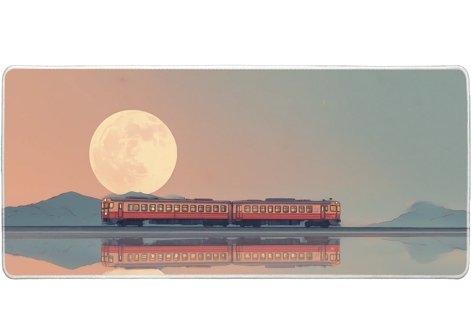 Landscape 90x40cm custom desk mat featuring red train under full moon reflection, non-slip rubber – Print My Pad