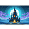 Blue fantasy castle desk mat with a white full moon, violet clouds, snowy mountains and glowing yellow-orange windows