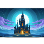 Blue fantasy castle desk mat with a white full moon, violet clouds, snowy mountains and glowing yellow-orange windows