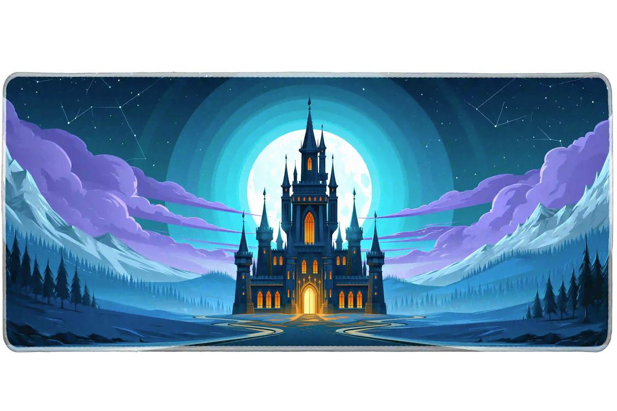 Blue fantasy castle desk mat with a white full moon, violet clouds, snowy mountains and glowing yellow-orange windows