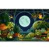 Cozy moonlit frog greenhouse artwork on an extended desk mat for a full keyboard and mouse layout