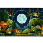 Cozy moonlit frog greenhouse artwork on an extended desk mat for a full keyboard and mouse layout