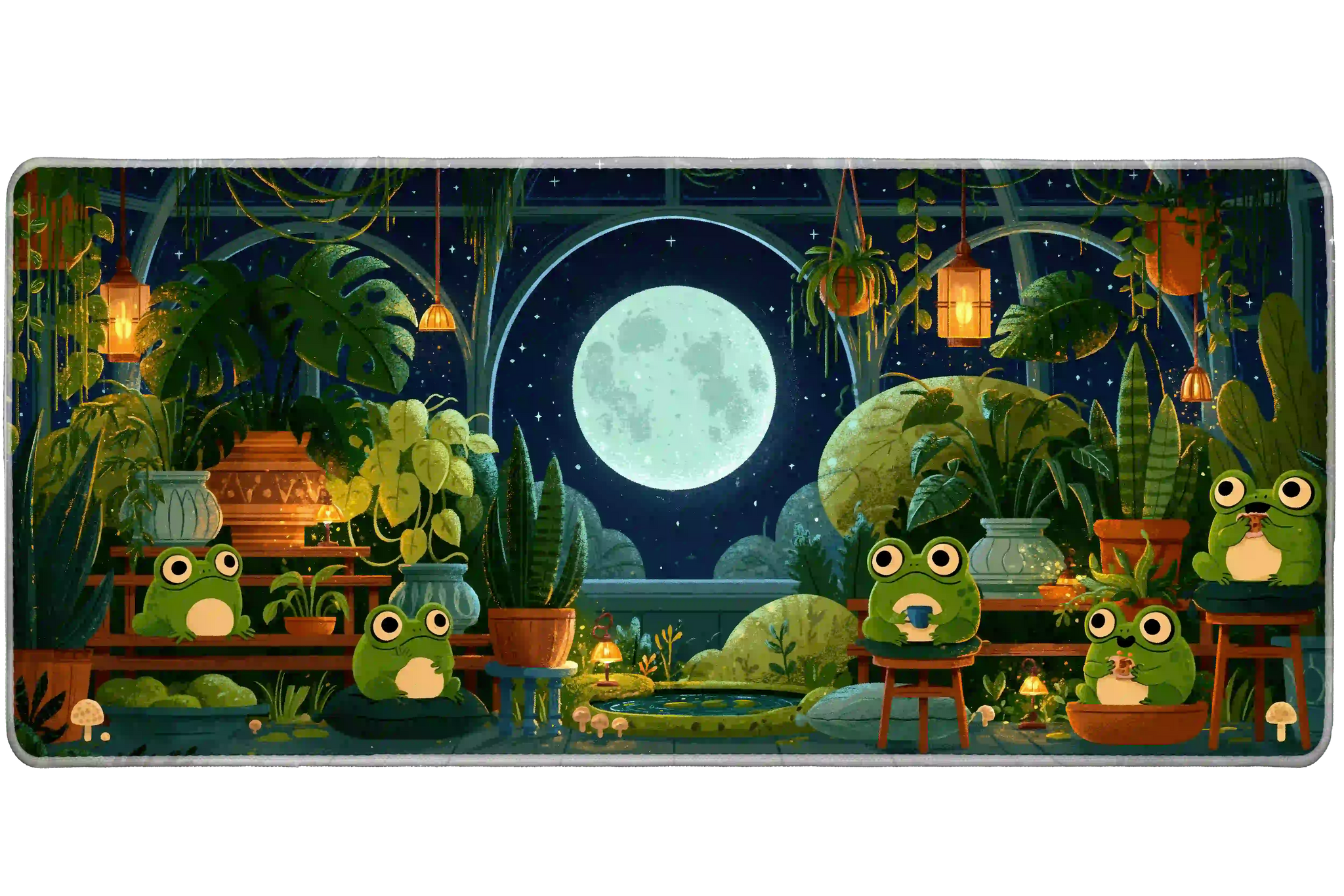 Cozy moonlit frog greenhouse artwork on an extended desk mat for a full keyboard and mouse layout