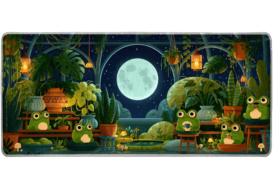 Cozy moonlit frog greenhouse artwork on an extended desk mat for a full keyboard and mouse layout