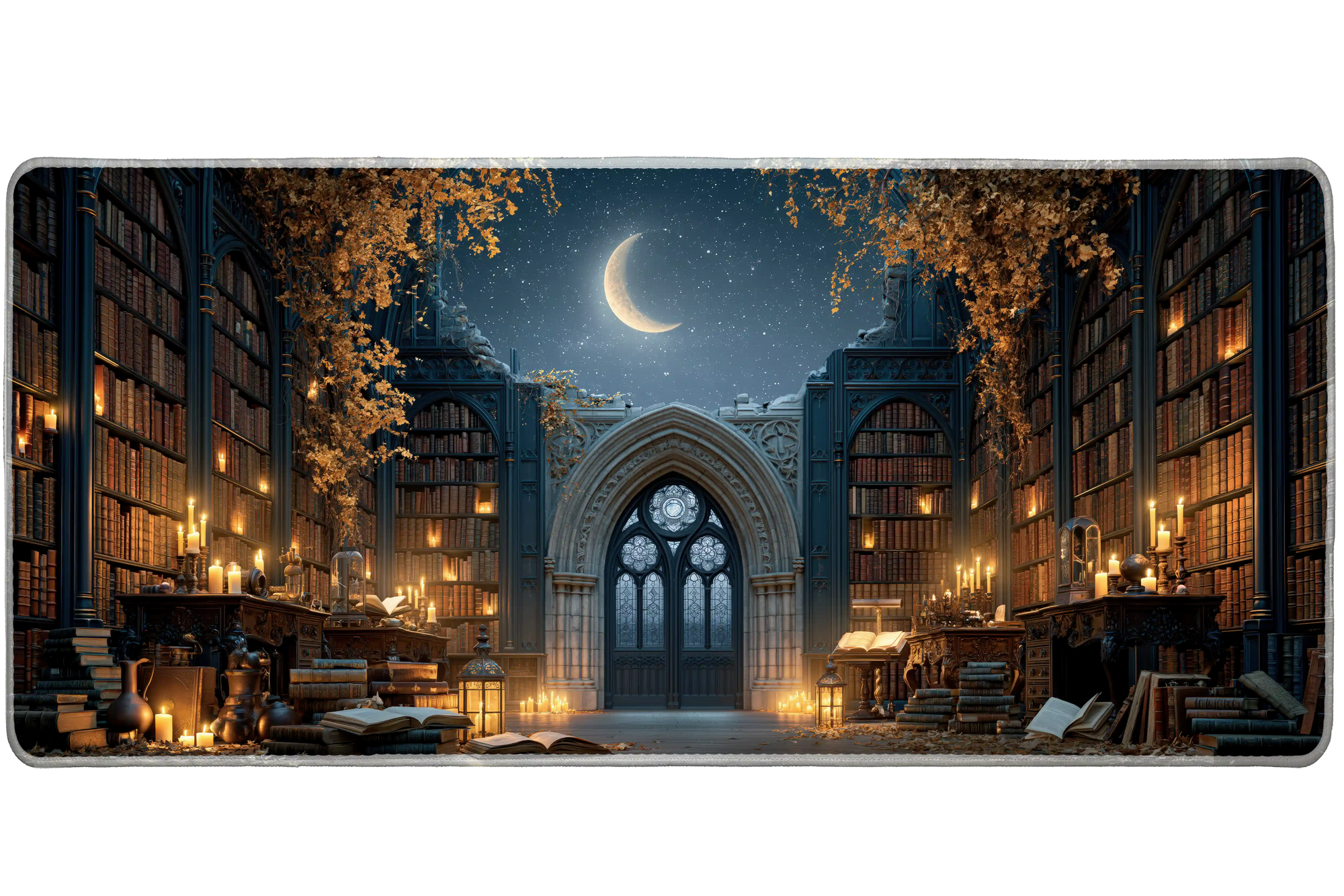 Moonlit Gothic Library Desk Mat | Ancient Books artwork on an extended desk mat with moonlit gothic library design