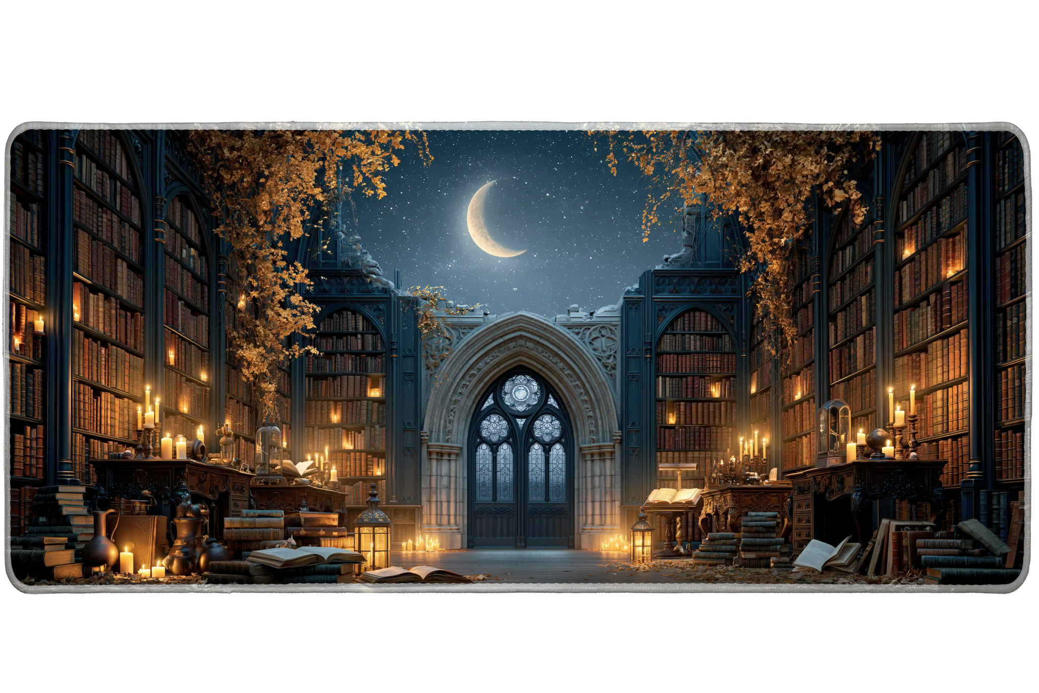 Moonlit Gothic Library Desk Mat | Ancient Books artwork on an extended desk mat with moonlit gothic library design