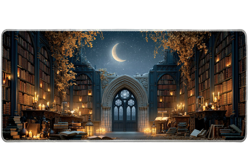 Moonlit Gothic Library Desk Mat | Ancient Books artwork on an extended desk mat with moonlit gothic library design