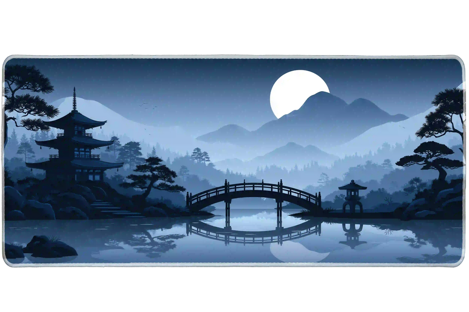 Moonlit Japanese Pagoda desk mat product view highlighting a pagoda, arched bridge, sculpted pines and moonlit reflections