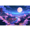Full-width Cherry Blossom Night desk mat showing lantern-lit pagodas, a winding river and pink sakura under the moon