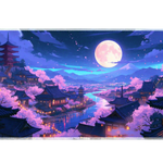 Full-width Cherry Blossom Night desk mat showing lantern-lit pagodas, a winding river and pink sakura under the moon
