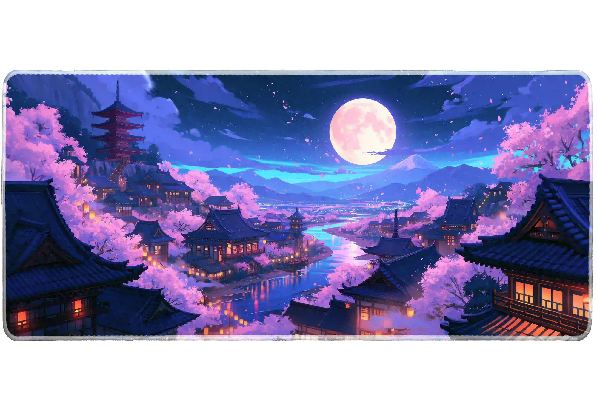 Full-width Cherry Blossom Night desk mat showing lantern-lit pagodas, a winding river and pink sakura under the moon