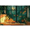 Moonlit Study Room Desk Mat | Plant Library View artwork on an extended desk mat with moonlit study room and indoor plant library design