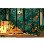 Moonlit Study Room Desk Mat | Plant Library View artwork on an extended desk mat with moonlit study room and indoor plant library design