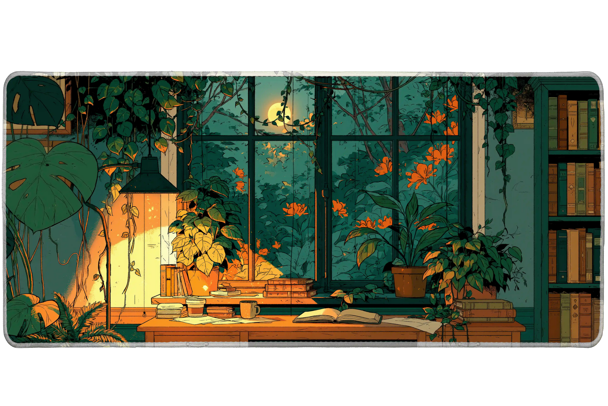 Moonlit Study Room Desk Mat | Plant Library View artwork on an extended desk mat with moonlit study room and indoor plant library design
