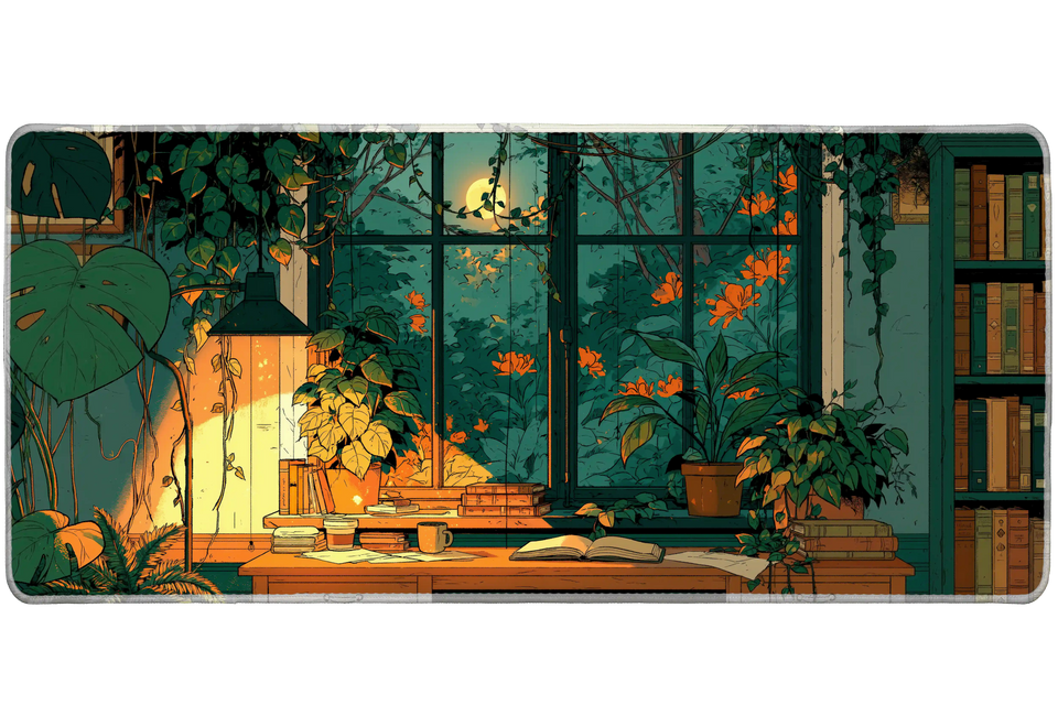 Moonlit Study Room Desk Mat | Plant Library View artwork on an extended desk mat with moonlit study room and indoor plant library design